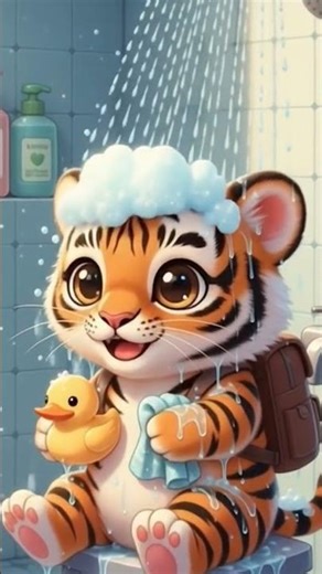 OUR TIGER CUB IS BATHING #cat #cartoon #animals #funny