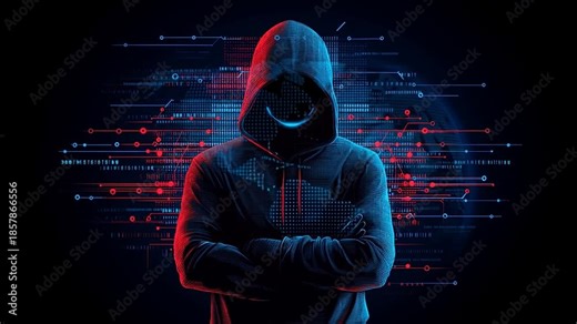 Hacker are planning to hack and attack networks and cyber security systems and stands on the peak of success amid tall, innovative Smart city and graphs with statistics to analyze business potential
