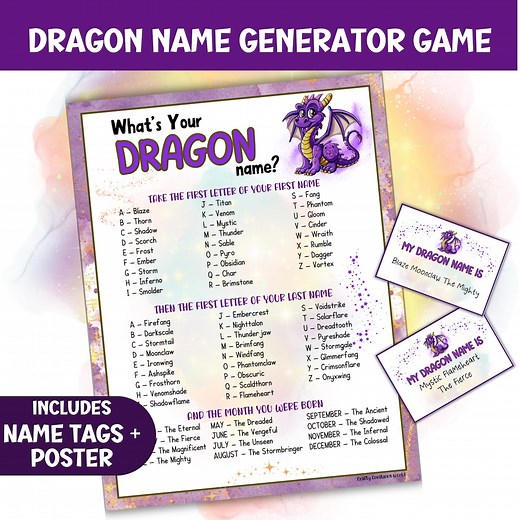 Whats Your Dragon Name Party Game for Kids, Fantasy Name Generator Activity, Printable Mythical Name Tags, Dragon Naming Challenge Download - Etsy