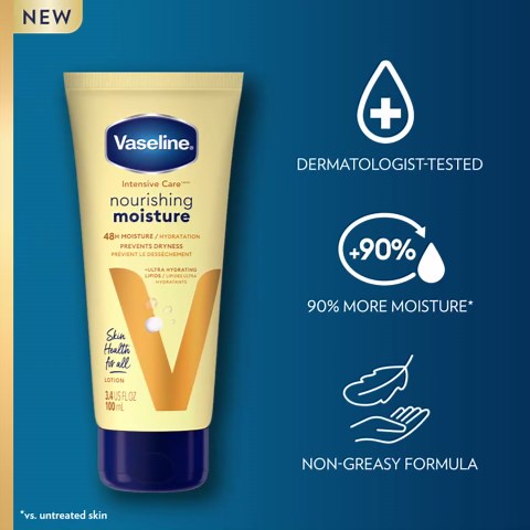 Vaseline Lotion, Intensive Care Nourishing Moisture 2-Pack – Moisturizer with Oat Extract + Ultra-Hydrating Lipids for Healing Extremely Dry Skin, 3.4 Oz Ea