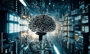 rotating 3D Brain inside the AI database. technology artificial intelligent