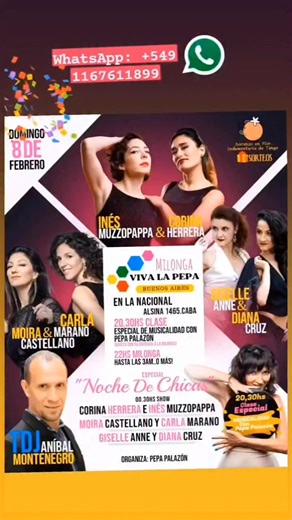 Siiiiiii ✨ HoY!! DOMINGO 8 DE FEBRERO Gran FIESTA del TANGO en VIVA LA PEPA Milonga, Alsina 1465, BUENOS AIRES✨ ✨Mirá que programón!!! 👀 🕗 De 20:30 a 21:45hs 🎶 Clase especial de MUSICALIDAD con Pepa Palazón 🎯 Tema: BIAGI y la acentuación en 2 & 4 ✨ Clase Milonga: 10.000 pesos ✨ Sólo Milonga: 10.000 pesos 🕤 22:00 hs 🎧 Comienza la milonga con TDJ Aníbal Montenegro 🕧 00:30 hs · Súper SHOOOOWS! Bailan: 🔹INÉS MUZZOPAPPA & CORINA HERRERA 🔹MOIRA CASTELLANO & CARLA MARANO 🔹GISELLE ANNE & DIANA