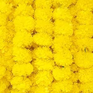 Artificial Marigold Flowers Garland for Diwali Decoration, American Wedding Party, Mantle Decoration, Faux Garlands, Wedding Garland, Spring Bush Floral - 5 String - (Yellow | 4 to 4.5 ft) Hashcart®