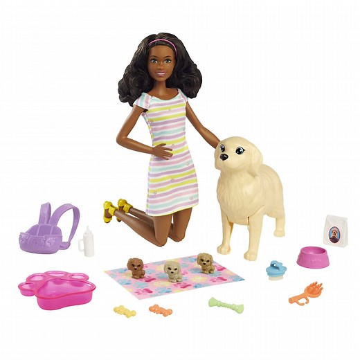 Barbie Pets Doll & Newborn Pups Playset with Mom Dog, 3 Color-Change Puppies & Accessories, Brunette
