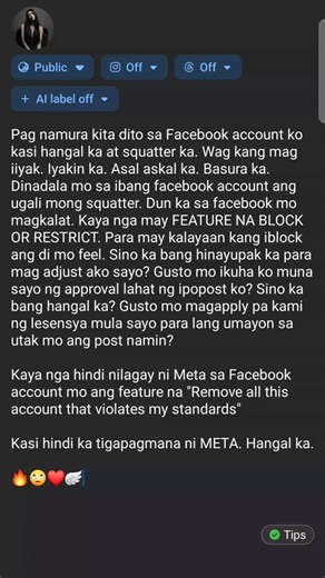 Jerricia Alzaga Seva on Instagram: "Magsasabi pa ang iba ng "panay daan ng post mo sa newsfeed ko nakakairita". 🙄👍 kasalan ko bang hangal ka? Hindi mo alam na may feature na "Block". May magsasabi pa jan nang "Wag kang magpost ng ganito at ganyan" uy, kaya nga lahat tayo ay may karapatang gumawa ng FACEBOOK ACCOUNT. Para makapagpost tayo ng nais natin. Ayun sa magpapasaya sa atin. Kasalanan ko bang tinaglay mo ang toxic trait ng pinoy na "Pagiging pakealamera", kayo yung magandang example ng m