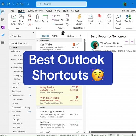 Check out my game-changing Outlook shortcuts! 🥳 CTRL E - Search CTRL R - Reply to email CTRL F - Forward an email CTRL ENTER - Send Email Spacebar - Scroll down CTRL 2 - Calendar CTRL 1 - Mail #EmailHacks #ProductivityTips #worksmarthacks #outlook #outlooktips #officetips #microsoft