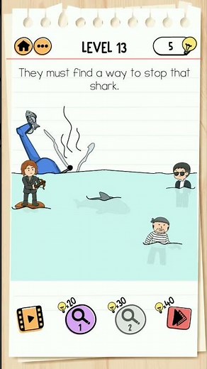 Brain Test 2 Level 13 Smith and Joe part 1, they must find a way to stop that Shark.