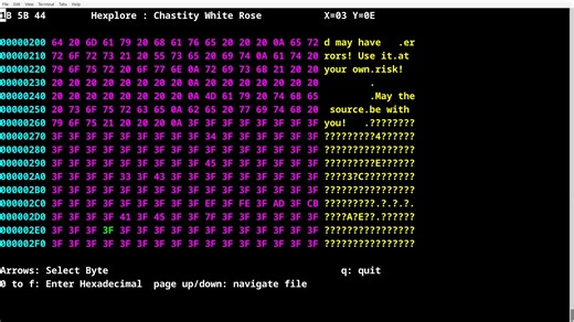 Hexplore File Access Update My Hexplore program can now properly read and write to files. I copied some of the most important code from chastehex for the file access with the C standard library. I also now can access the arrow keys and even the page up/down keys on the keyboard in a more reliable way. This program is small and fast. Although it is relatively new, I could use it for small hex editing tasks. One of my design decisions for this is that it only reads or write 256 bytes at one time. 