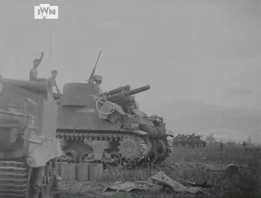 A battery of 105mm Priest self-propelled guns of 18th (Self-Propelled) Field Regiment, Royal Artillery, filmed in action in Burma ahead of the capture of Pegu, 50 miles from Rangoon, Burma, 1 May 1945. Film: IWM JIN 66 | Imperial War Museum London