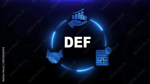 Neon Digital Circle diagram concept with DEF Text and connecting icons of handshake graph and calculator with dollar sign on Dark Background business development