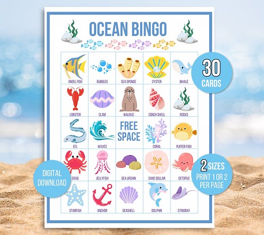 Ocean Bingo, Under the Sea Bingo, 30 Printable Ocean Bingo Cards, Ocean Game, Ocean Activity, Kid's Printable Bingo Game, Bingo for Kids - Etsy