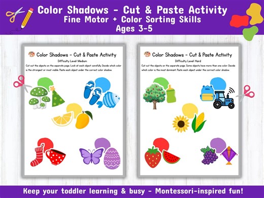 Color Sorting Activity for Toddlers Cut & Paste Color Shadows Printable Medium and Hard Levels Montessori Fine Motor Skills Worksheets - Etsy