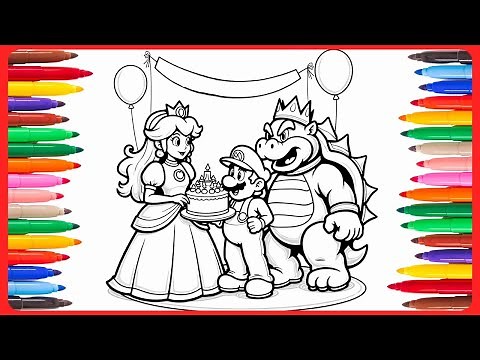 Coloriage Mario, Peach et Bowser 🎂 | Dessin de scène d'Anniversaire dans l'Univers de Super Mario !