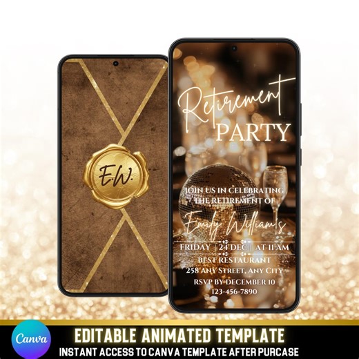 Gold Retirement Party Invitation, Animated Canva Template, Elegant Retirement Video Invite - Etsy