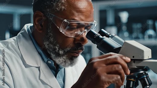 Senior African American Scientist Using Microscope in Research Laboratory analyzing Pathology and Disease Cure