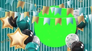Colorful birthday celebration background featuring festive balloons, golden stars, bunting banners, and a vibrant green screen center