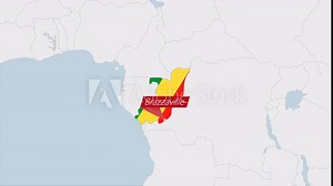 Congo map highlighted in Congo flag colors and pin of country capital Kinshasa.