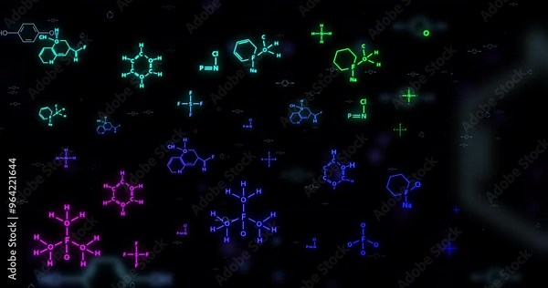 Chemical structures and molecular formulas animation over dark background