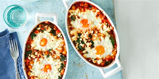 Our favourite breakfast right now: spicy tomato and feta baked eggs
