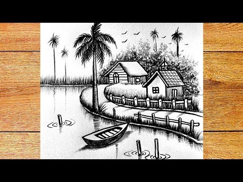 Drawing relaxing river landscape | Step by step beautiful river landscape art