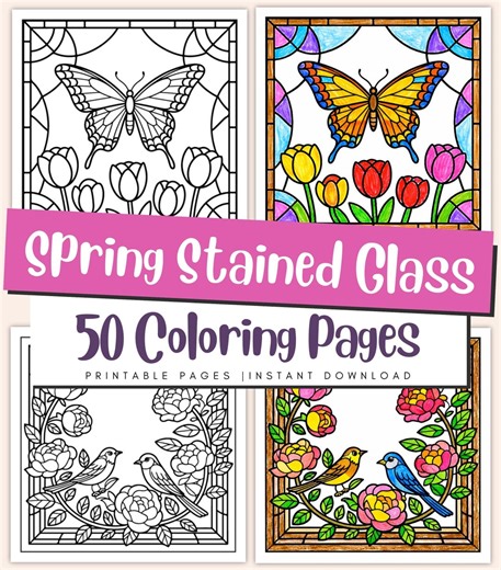 Spring Stained Glass Coloring Pages - Printable Floral Window Art, Easy Bold Outline PDF - Etsy