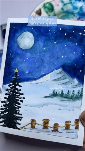 Paint a simple winter landscape in watercolours with me 🌙❄️#watercolor #art #painting #beginners