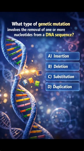 What type of genetic mutation involves the removal of one or more nucleotides from a DNA sequence? A) Insertion B) Deletion C) Substitution D) Duplication #biology #nigeria #indian #usa #followerseveryonehighlights #followersreelsfypシ゚viralシfypシ゚viral #followersreels #viralreelschallenge #mathematics | Biology KL