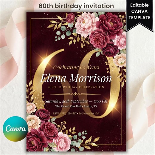 60th Birthday Invitation Template – Burgundy Floral Gold Design for Her | Sixtieth Birthday Party Invite | Editable Canva Download - Etsy