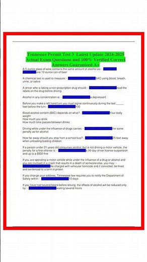 Tennessee Permit Test 3 Latest Update 20242025 Actual Exam Questions and 100 Verified Correct Answer