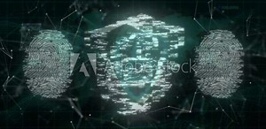 Animation of padlock and data processing over biometric fingerprints