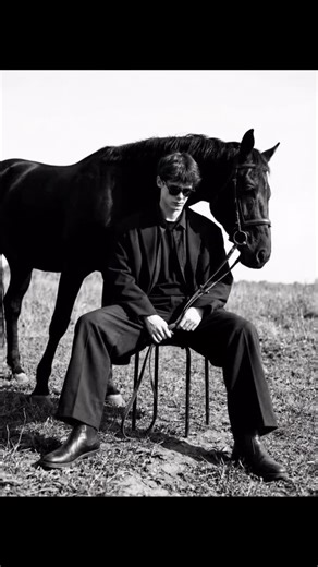 @nano_banana_ibot on Instagram: "Prompt👇🏻Ссылка на бота в шапке профиля Photograph me sitting low on a minimalist metal stool, legs spread forward in a relaxed, grounded pose, feet planted on uneven outdoor terrain. One hand loosely resting between the knees holding thin leather reins, shoulders slightly slouched, head tilted downward in a calm, introspective expression. The subject wears dark oversized layered clothing, wide-leg trousers, leather boots, and dark sunglasses. A strong black hor