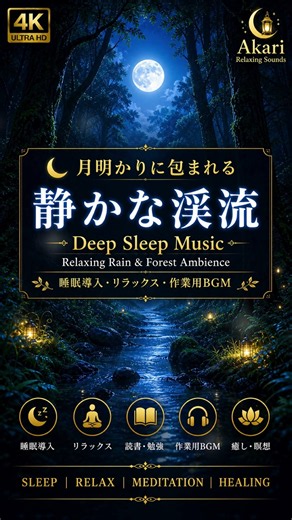 【432Hz睡眠BGM】🌙 月明かりに包まれる静かな渓流 | Deep Sleep Music | Relaxing Rain & Forest Ambience |睡眠導入・リラックス・作業用BGM