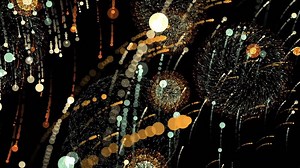 Multicolored bright neon patterns from particles exploding on black background. Animation. Abstract blasts of digital neon fireworks