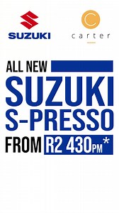 488 reactions · 11 shares | Click today, drive tomorrow! ;-) Get a new Suzuki S-presso from R2 430pm! Simply click on the "learn more" button to request a quote. Ts & Cs apply. | Carter | Facebook