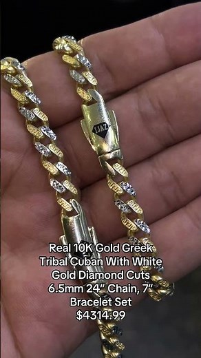 10K Gold Greek Tribal Cuban Bracelet & White Gold Diamond Cuts Chain #diamondpendant #goldpendants
