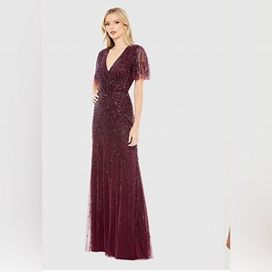 Mac Duggal 35109 Embellished Flutter Sleeve Gown Aubergine Size 14 NWT $698