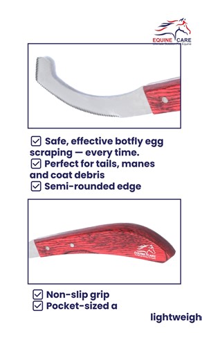 Stop botfly eggs before they irritate your horse. Neglecting egg removal or using dull tools can lead to skin irritation, tangled manes and tails, infection risk, and grooming stress. The Equine Care Bot Knife makes grooming safe and efficient with a durable stainless steel blade, gentle semi-rounded edge, ergonomic non-slip handle, and lightweight design-perfect for barn or on-the-go care. #horsecare #equinecare #horsegrooming #equestrianlife #horsehealth #horselife | Equine Care