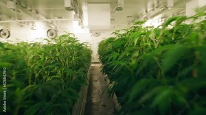 View inside the world's largest legal cannabis farm with lush crop. Commercial production of legalized marijuana cultivated indoors, in greenhouse facility. High quality 4k footage