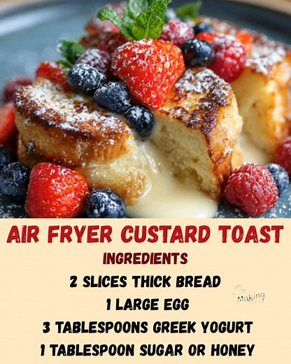 Air Fryer Custard Toast Ingredients 2 slices thick bread 1 large egg 3 tablespoons Greek yogurt 1 tablespoon sugar or honey 1 teaspoon vanilla extract Fresh berries or sliced fruit optional Powdered sugar optional Instructions In a small bowl, whisk the egg, Greek yogurt, sugar, and vanilla until smooth. Using the back of a spoon, press the center of each bread slice to make a shallow well. Spoon the custard mixture into the center of each slice. Add berries or fruit on top if you like. Place th