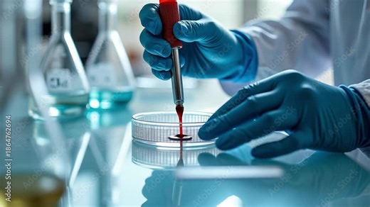 Close up of laboratory pipette releasing liquid drop into petri dish, representing precision science and controlled medical research. Scientific lab scene showing pipette and glassware, biotechnology