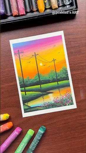 Easy Sunset Landscape Drawing with Oil Pastels | Step by Step Tutorial