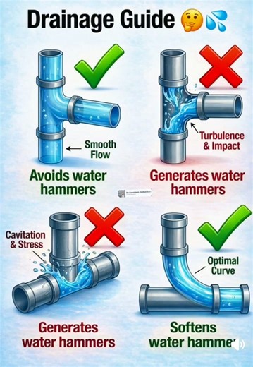 🚰💧 𝗗𝗥𝗔𝗜𝗡𝗔𝗚𝗘 𝗚𝗨𝗜𝗗𝗘 – 𝗔𝗩𝗢𝗜𝗗 𝗪𝗔𝗧𝗘𝗥 𝗛𝗔𝗠𝗠𝗘𝗥𝗦! 💧🚰 Water hammer 💥 is one of the 𝗠𝗢𝗦𝗧 𝗖𝗢𝗠𝗠𝗢𝗡 hidden problems in plumbing & drainage systems — and pipe fitting direction plays a BIG role! 👷‍♂️ Let’s decode this 𝗗𝗥𝗔𝗜𝗡𝗔𝗚𝗘 𝗣𝗛𝗬𝗦𝗜𝗖𝗦 visually 👇 ✅✔️ 𝗖𝗢𝗥𝗥𝗘𝗖𝗧 𝗣𝗜𝗣𝗘 𝗖𝗢𝗡𝗡𝗘𝗖𝗧𝗜𝗢𝗡 (𝗦𝗠𝗢𝗢𝗧𝗛 𝗙𝗟𝗢𝗪) ➡️ Gradual water movement 🌊 Smooth flow direction 🔇 Prevents sudden pressure rise 🟢 𝗥𝗘𝗦𝗨𝗟𝗧: ✔️ Avoids water hammer ✔️ Less noi
