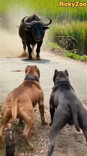 Banteng berlari kencang ke arah dua anjing Bulldog #animals #shorts