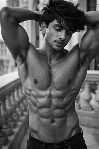 Black & White Balcony Portrait of a Shirtless Fitness Model