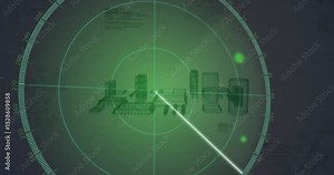 Green radar grid appearing sweeping beam revealing blocks and rotating core module for emphasis