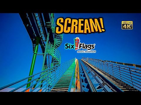 March 2022 Scream Floorless Roller Coaster On Ride Front Row 4K POV Six Flags Magic Mountain