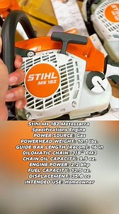 9.4K views · 75 reactions | Stihl Ms 182 Motosserra Specifications Engine 朗朗 POWER source: Gas POWERHEAD weight: 10.1 lbs. GUIDE bar Length (Recom): 16 in OILOMATIC chain: 3/8" PM3 CHAIN oil capacity: 9.5 oz. ENGINE power: 2.2 bhp FUEL capacity: 13.5 oz. DISPLACEMENT: 35.8 cc INTENDED use: Homeowner #fblifestyle #lifestyle | Xi Farhan AiXi | Facebook