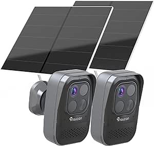 TOUCAN PRO Wireless Indoor/Outdoor Battery Powered Security Camera with Solar Panel 2 Camera Bundle - Alexa & Google Home Enabled - Night Vision, Weatherproof, AI Motion Detection, 2-Way Audio, 1080P
