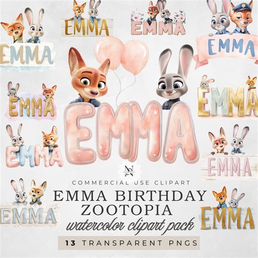 Zootopia 2 Clipart for Emma: Watercolor Characters, Party Decorations (digital Download) - Etsy