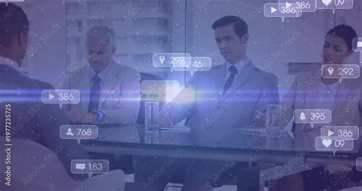 Candidate delivering pitch at glass table launching social media icons around panel showing growth